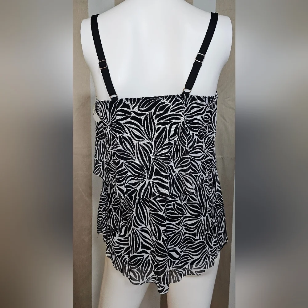Lands' End Tankini Top Black White Layered Mesh Women's Swim NWT Small